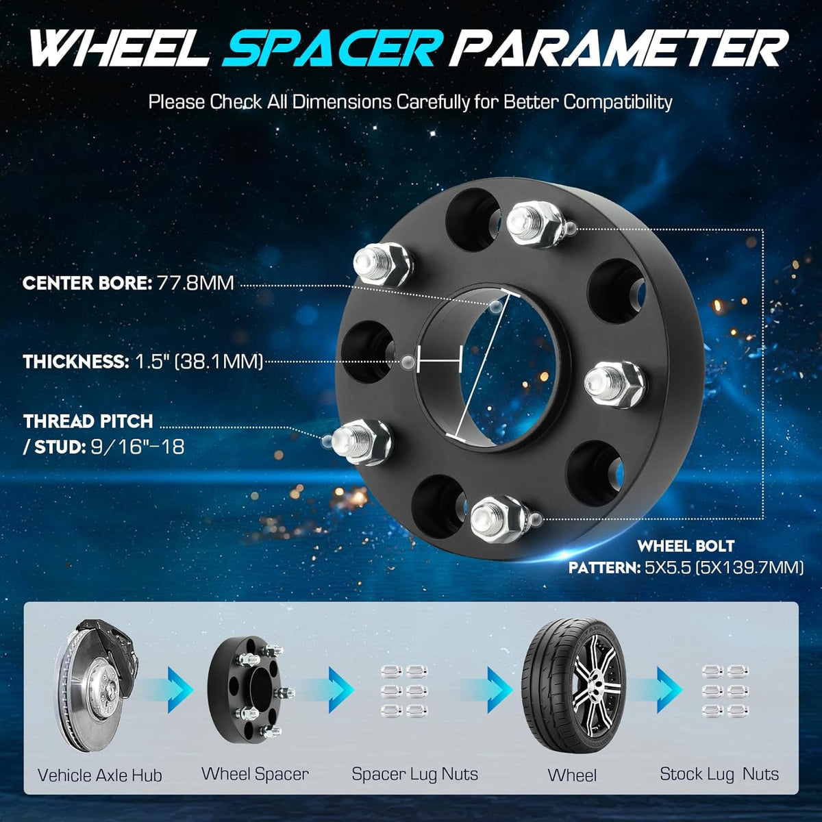 hub-centric wheel spacer showing precise CNC machining, 77.8mm center bore, and included heat-treated lug nuts