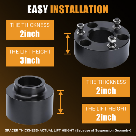 Easy installation structural schematic of Vypart 3 Inch Front and 2 inch rear Leveling Lift Kit Suspension Spacers, illustrate suspension geometry and the actual lifting effect
